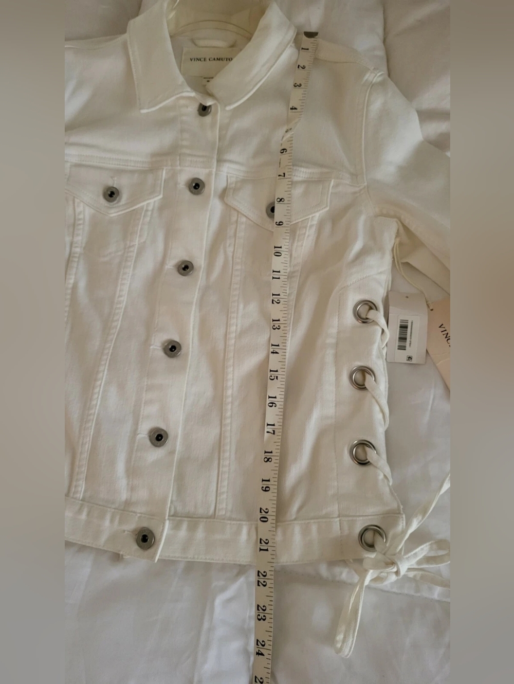 VINCE CAMUTO Womens White Point Collar Denim Jacket  Side Lace Detail Sz XS Nwt - Picture 6 of 12